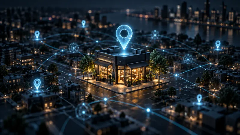 Ilustração conceitual de um comércio local conectado a um mapa digital por um marcador de localização azul e uma rede de inteligência artificial.